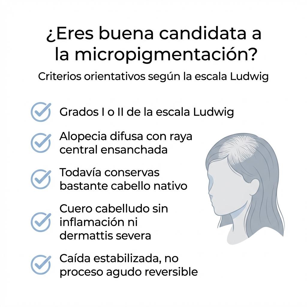 Checklist visual con los criterios de candidata ideal a la micropigmentación para alopecia difusa según la escala Ludwig.