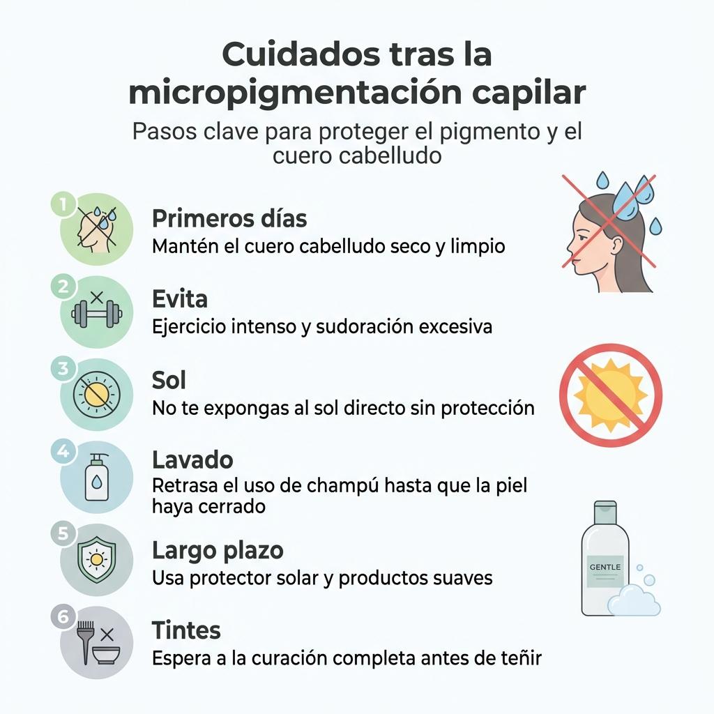 Checklist visual con los cuidados básicos tras una micropigmentación capilar para alopecia difusa en mujeres.