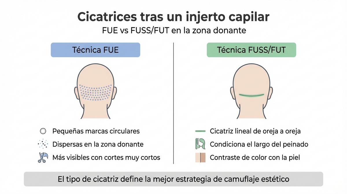 Diagrama comparativo de las cicatrices FUE con micropuntos y FUSS con cicatriz lineal tras un injerto capilar.