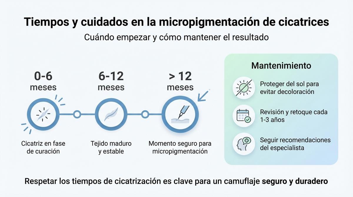 Diagrama con línea de tiempo de maduración de la cicatriz y recomendaciones de mantenimiento de la micropigmentación.