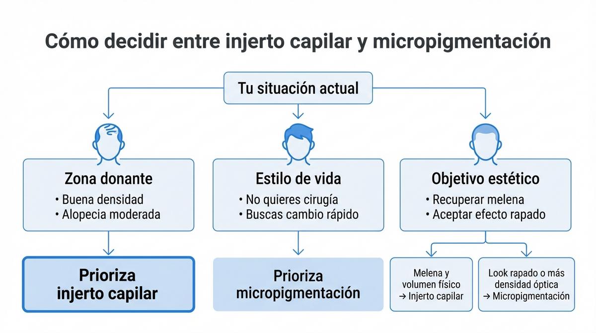 Diagrama de flujo que guía la elección entre injerto capilar o micropigmentación según la situación del paciente.