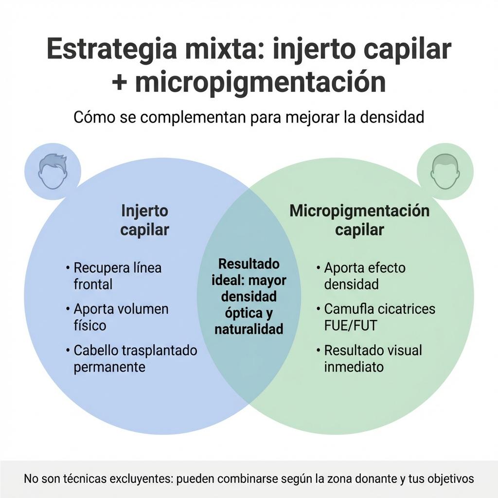 Diagrama de Venn que muestra cómo se combinan injerto capilar y micropigmentación para mejorar la densidad capilar.