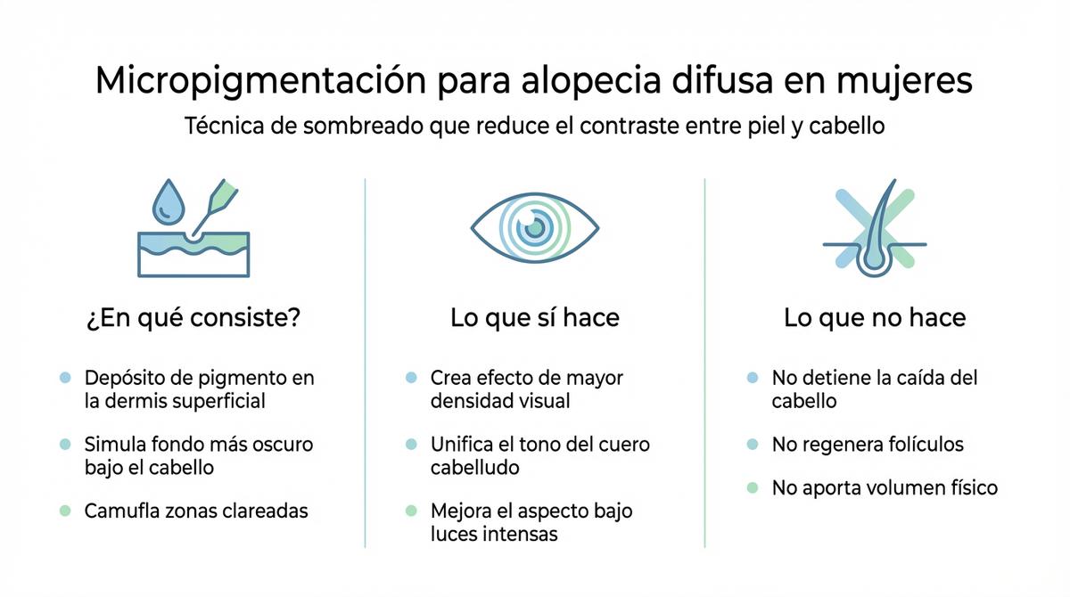 Diagrama que explica en qué consiste la micropigmentación para alopecia difusa en mujeres y qué efectos tiene y no tiene.