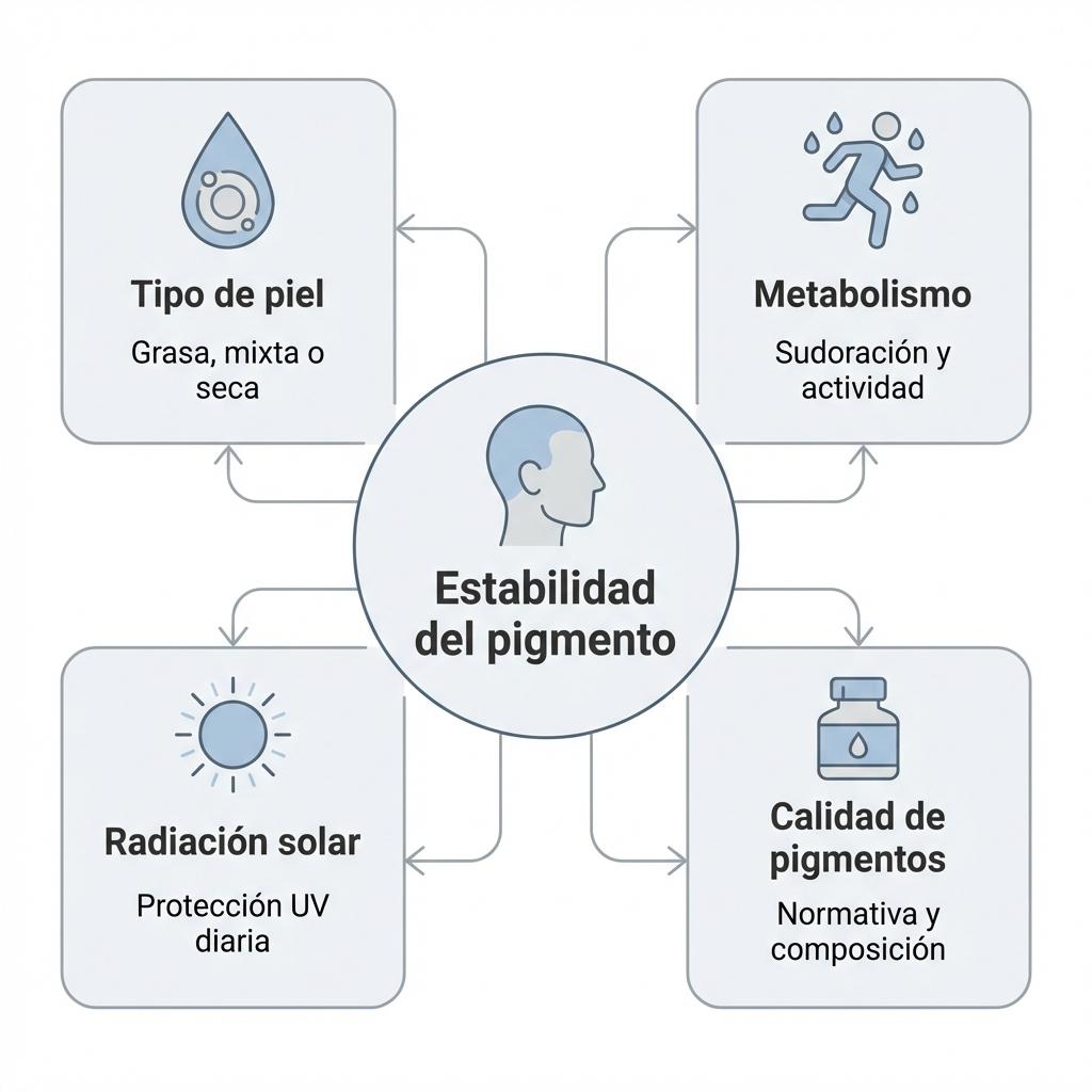 Diagrama que muestra los factores principales que influyen en la estabilidad del pigmento de micropigmentación capilar.