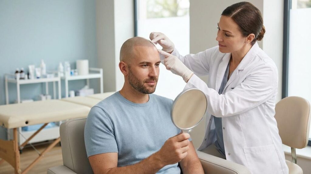 Hombre Con Efecto De Micropigmentacion Capilar Sentado En Una Clinica Mientras El Especialista Le Explica El Mantenimiento Frente A Un Espejo De Mano