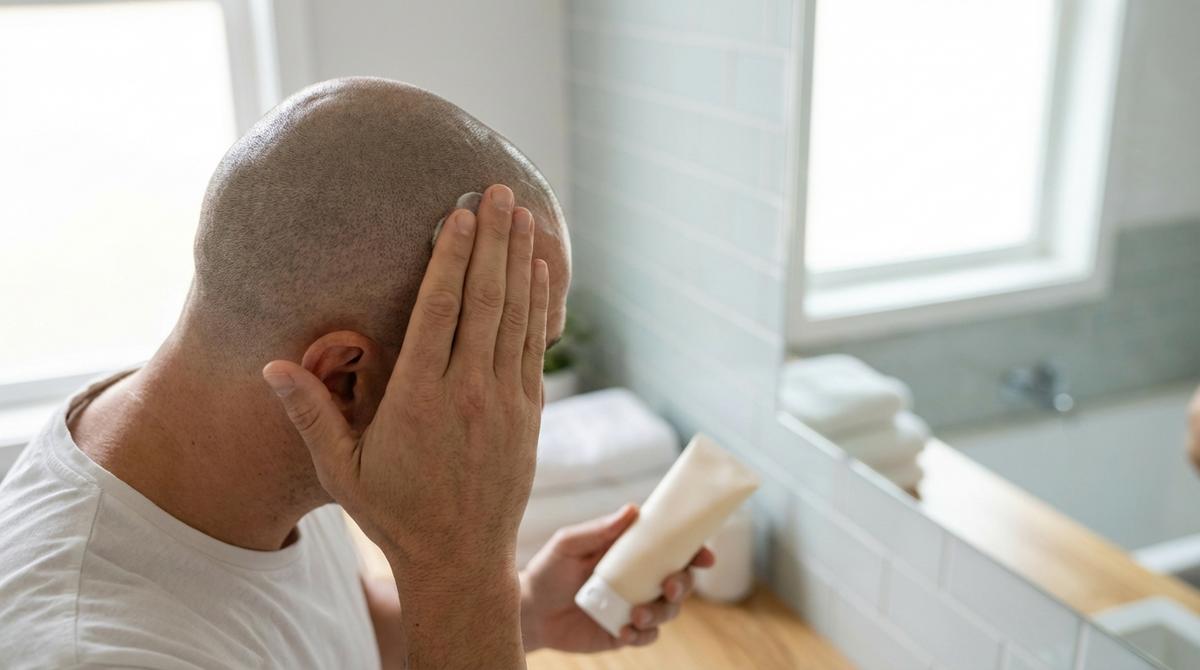Hombre con micropigmentación capilar aplicando protector solar en el cuero cabelludo frente al espejo de su baño.