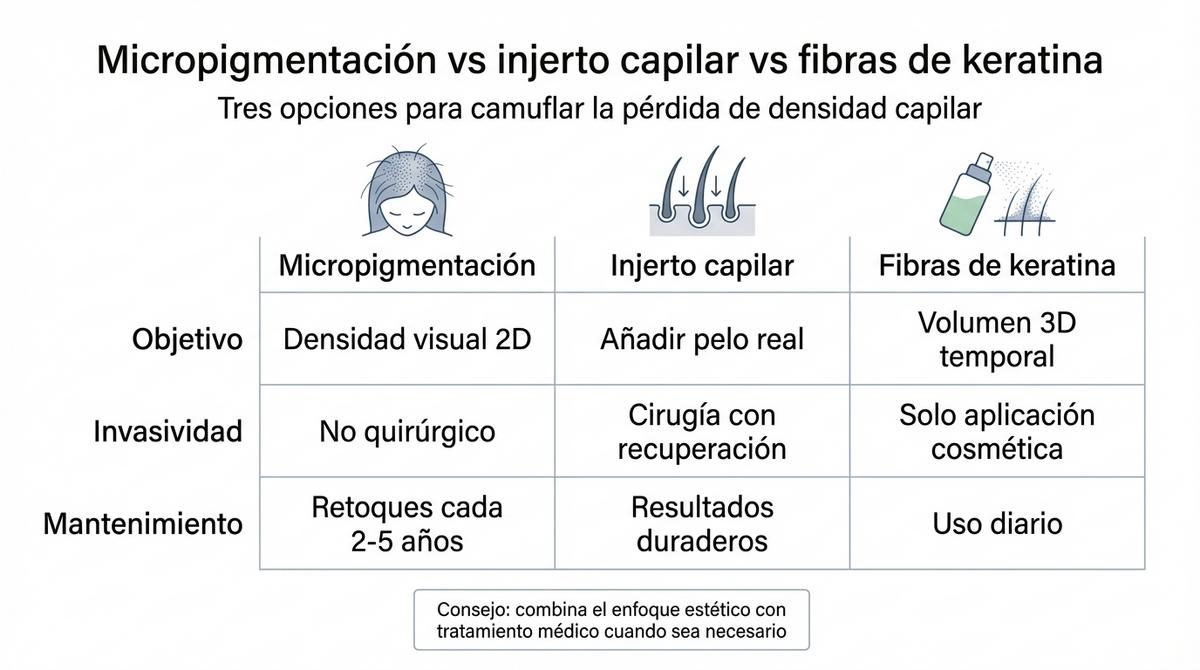 Infografía comparativa entre micropigmentación, injerto capilar y fibras de keratina para mujeres con alopecia difusa.