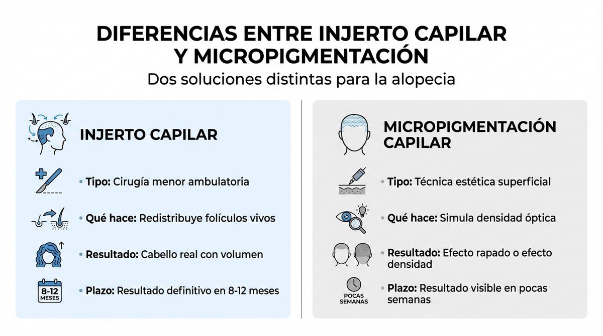 Infografía comparativa que muestra las diferencias clave entre injerto capilar y micropigmentación.