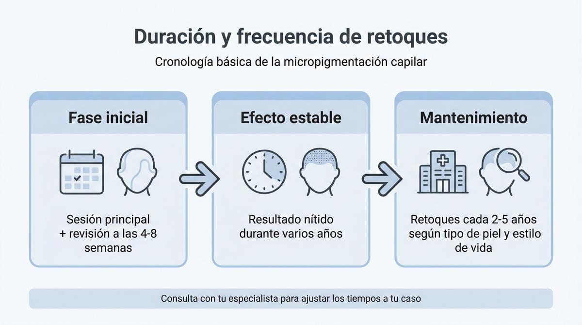 Infografía con la cronología básica de la duración y frecuencia de retoques en micropigmentación capilar.