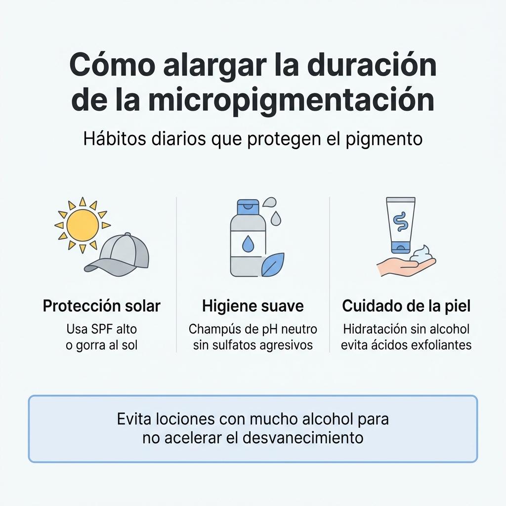 Infografía con recomendaciones de cuidado diario para prolongar la duración de la micropigmentación capilar.