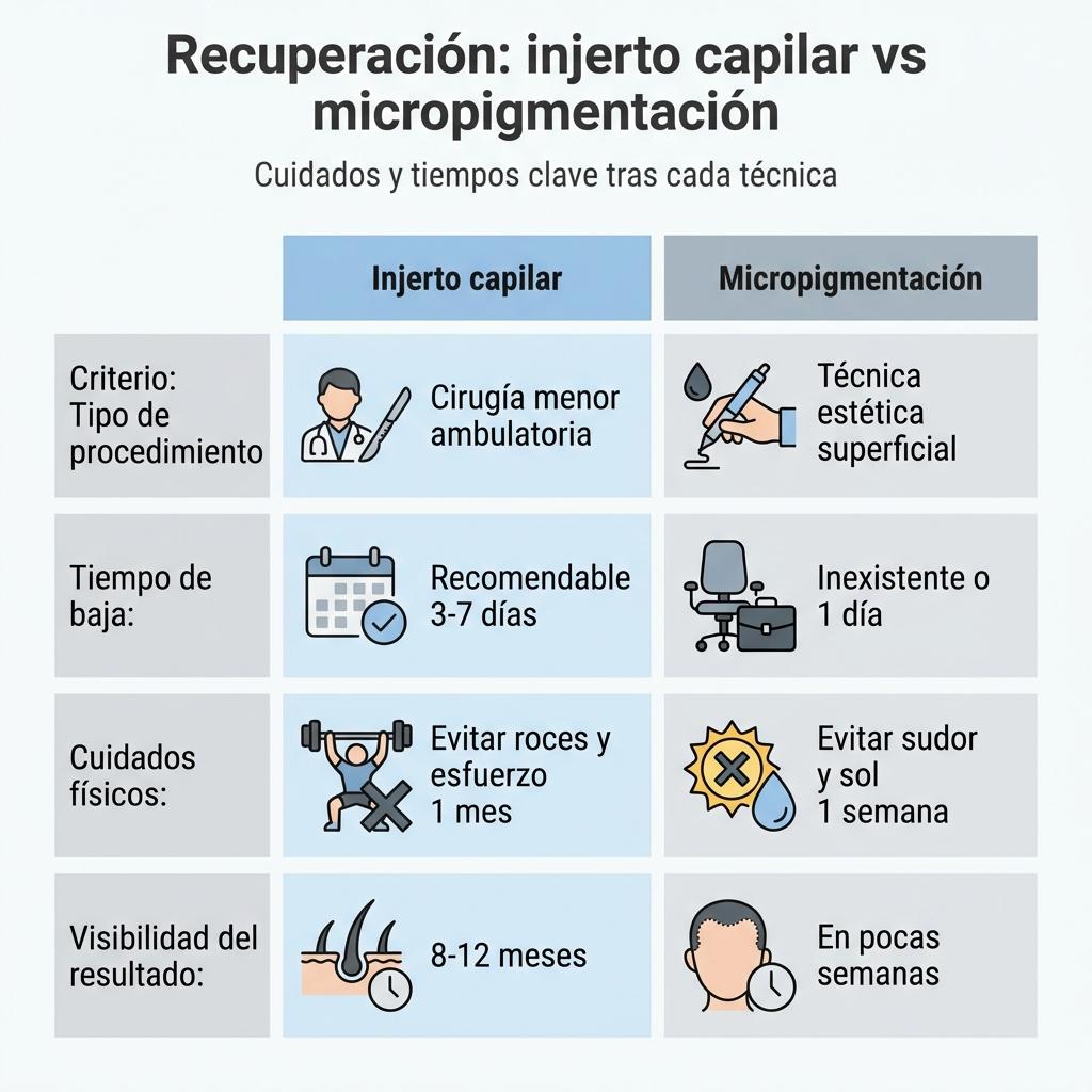Infografía que compara el postoperatorio del injerto capilar con la recuperación de la micropigmentación.