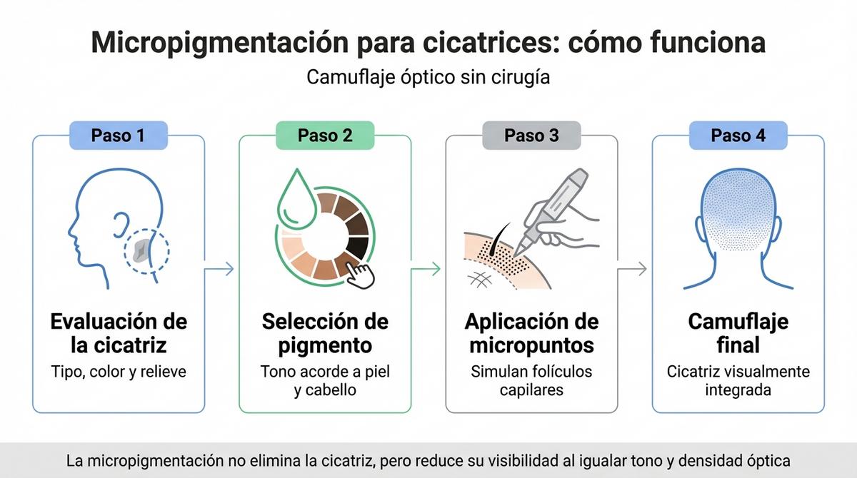 Infografía que muestra los pasos del proceso de micropigmentación para camuflar cicatrices en el cuero cabelludo.