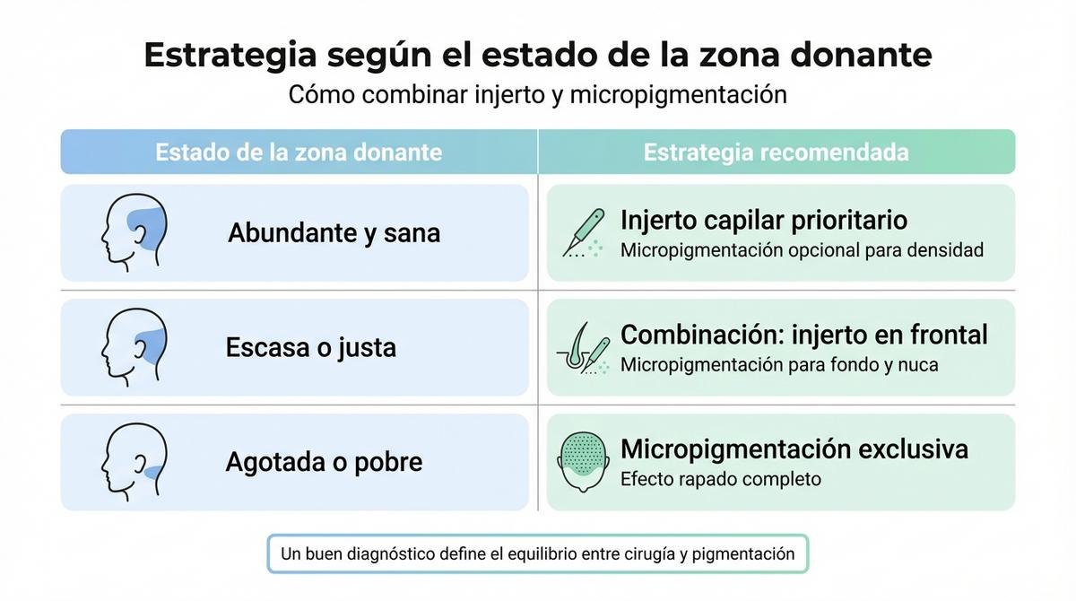 Tabla ilustrada que relaciona el estado de la zona donante con la estrategia de injerto y micropigmentación recomendada.