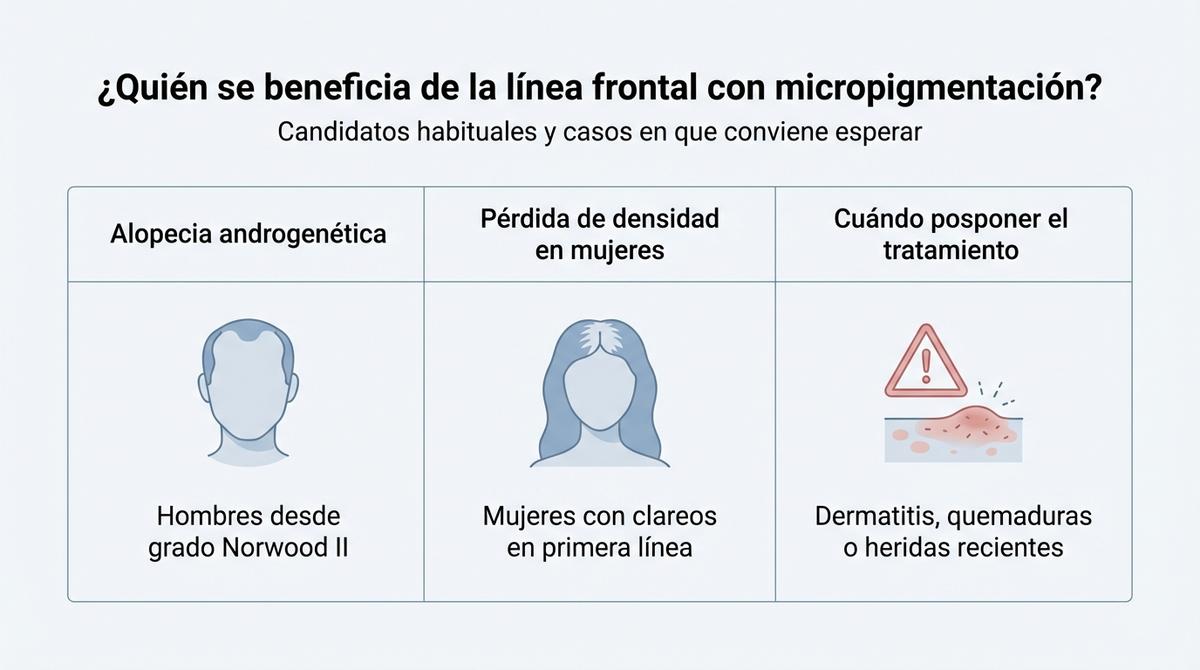 Diagrama que muestra candidatos ideales y casos en los que se debe posponer la micropigmentación de la línea frontal.