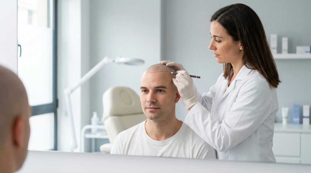 Especialista En Clinica Estetica Dibuja La Linea Frontal Del Cabello A Un Hombre Rapado Frente Al Espejo Antes De Una Micropigmentacion Capilar