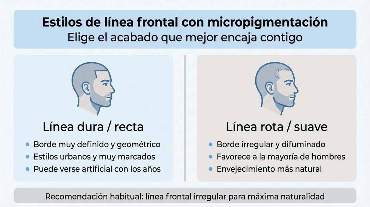 Infografía que compara la línea frontal dura y la línea frontal rota en micropigmentación capilar.