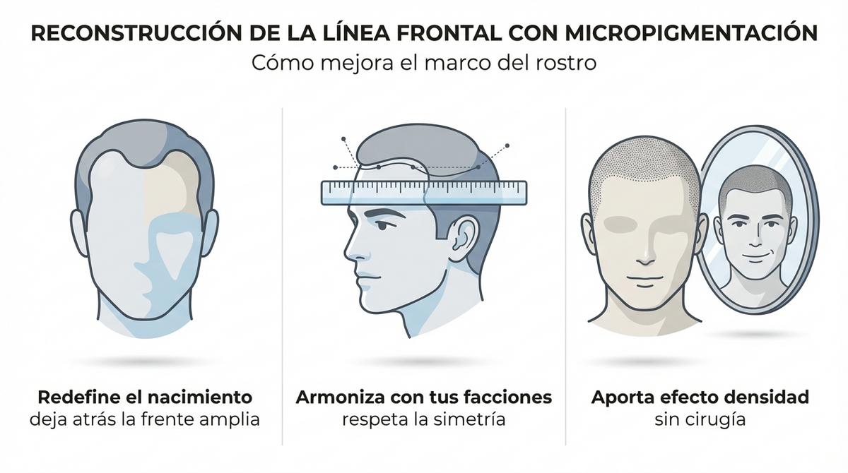 Infografía que resume cómo la micropigmentación reconstruye la línea frontal y mejora el marco del rostro.