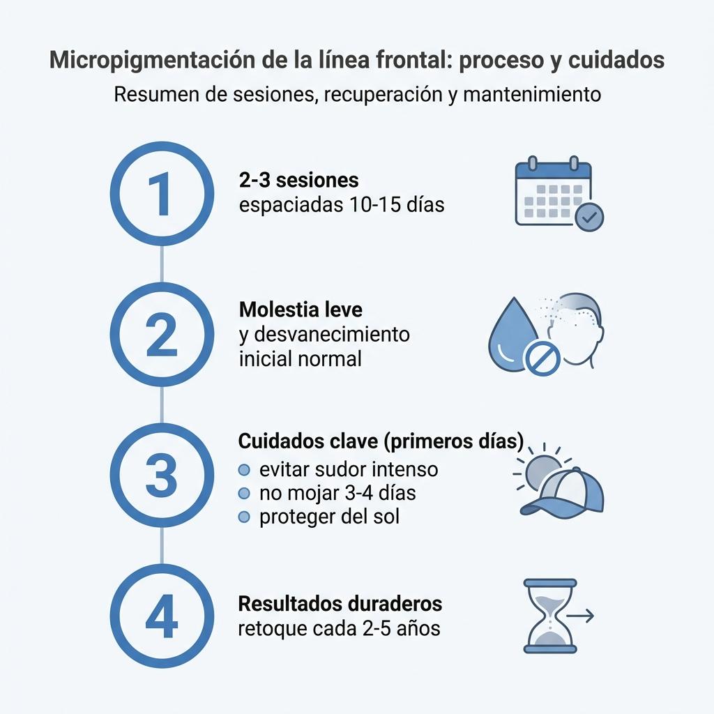 Infografía que resume las sesiones, la recuperación y el mantenimiento de la micropigmentación en la línea frontal.