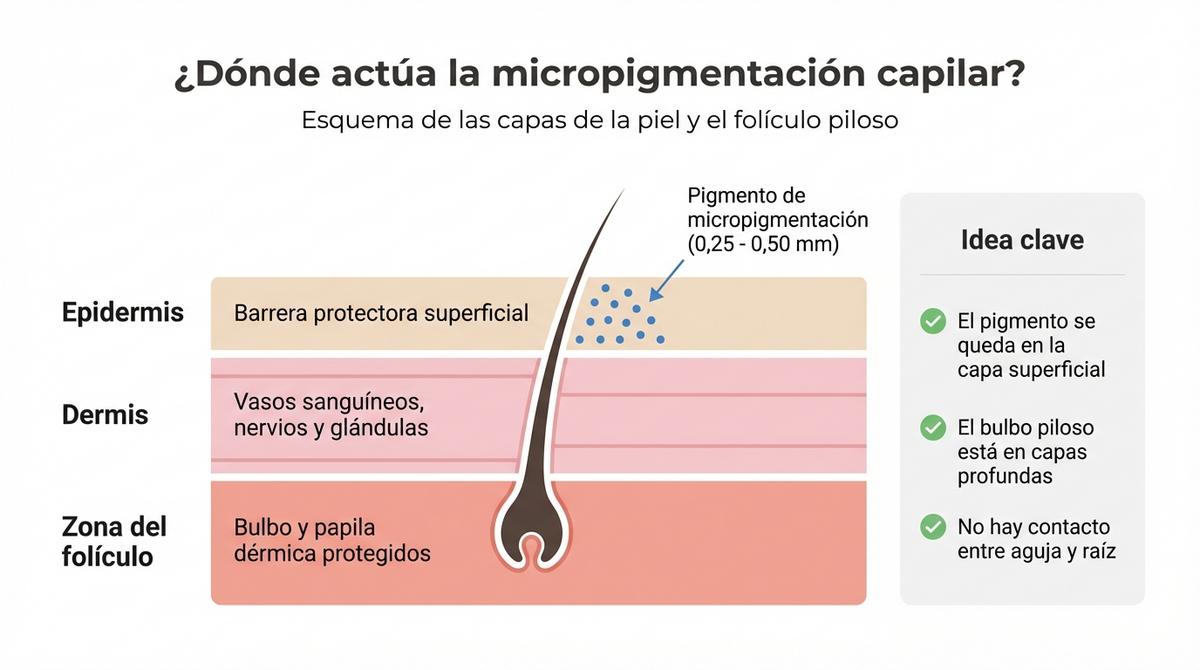 Diagrama de las capas de la piel del cuero cabelludo mostrando la zona superficial donde se deposita el pigmento y la raíz del pelo en una capa más profunda.