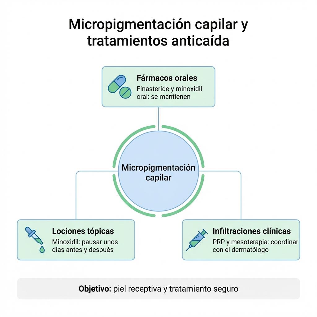 Diagrama que muestra cómo combinar la micropigmentación capilar con fármacos orales, lociones tópicas e infiltraciones clínicas anticaída.