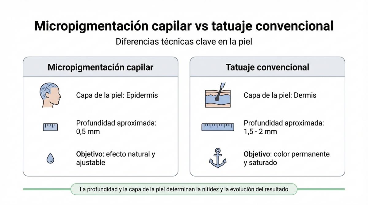 Infografía comparativa que muestra las diferencias de profundidad y capa de la piel entre micropigmentación capilar y tatuaje convencional.