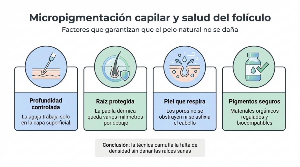 Infografía con cuatro razones que explican que la micropigmentación capilar no daña el folículo ni el pelo natural.