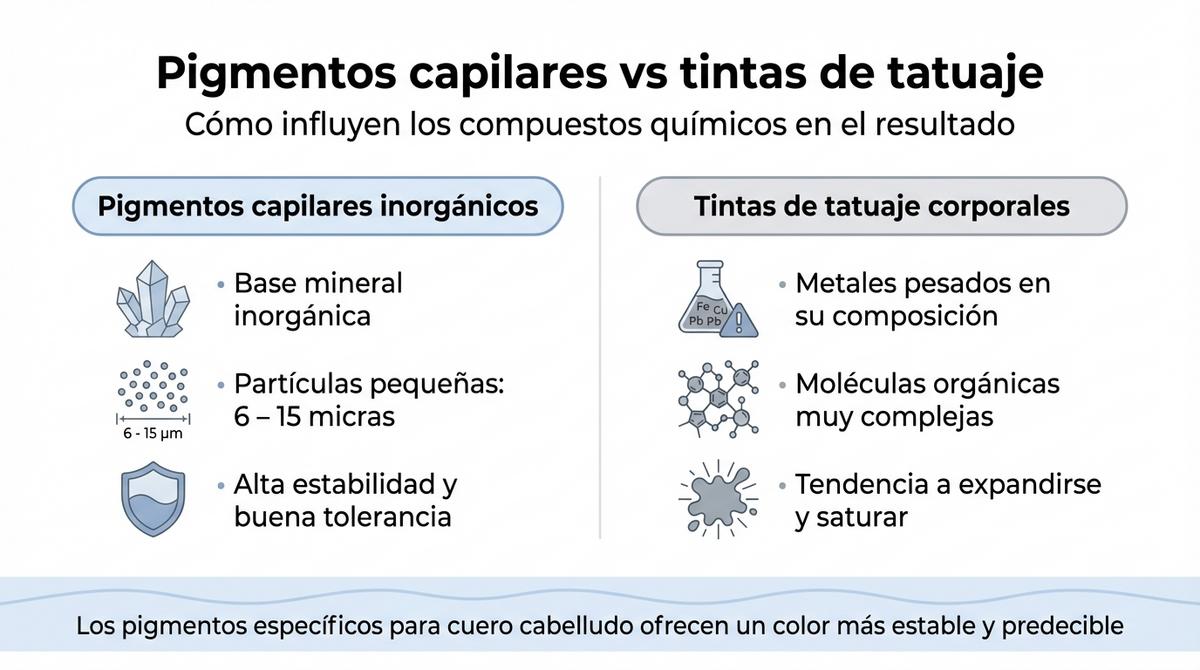 Infografía sobre las diferencias entre pigmentos capilares inorgánicos y tintas de tatuaje convencionales.