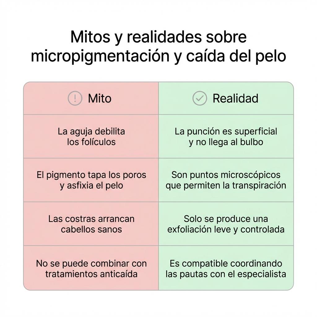 Tabla comparativa que enfrenta mitos y realidades sobre el supuesto riesgo de perder más pelo con la micropigmentación capilar.