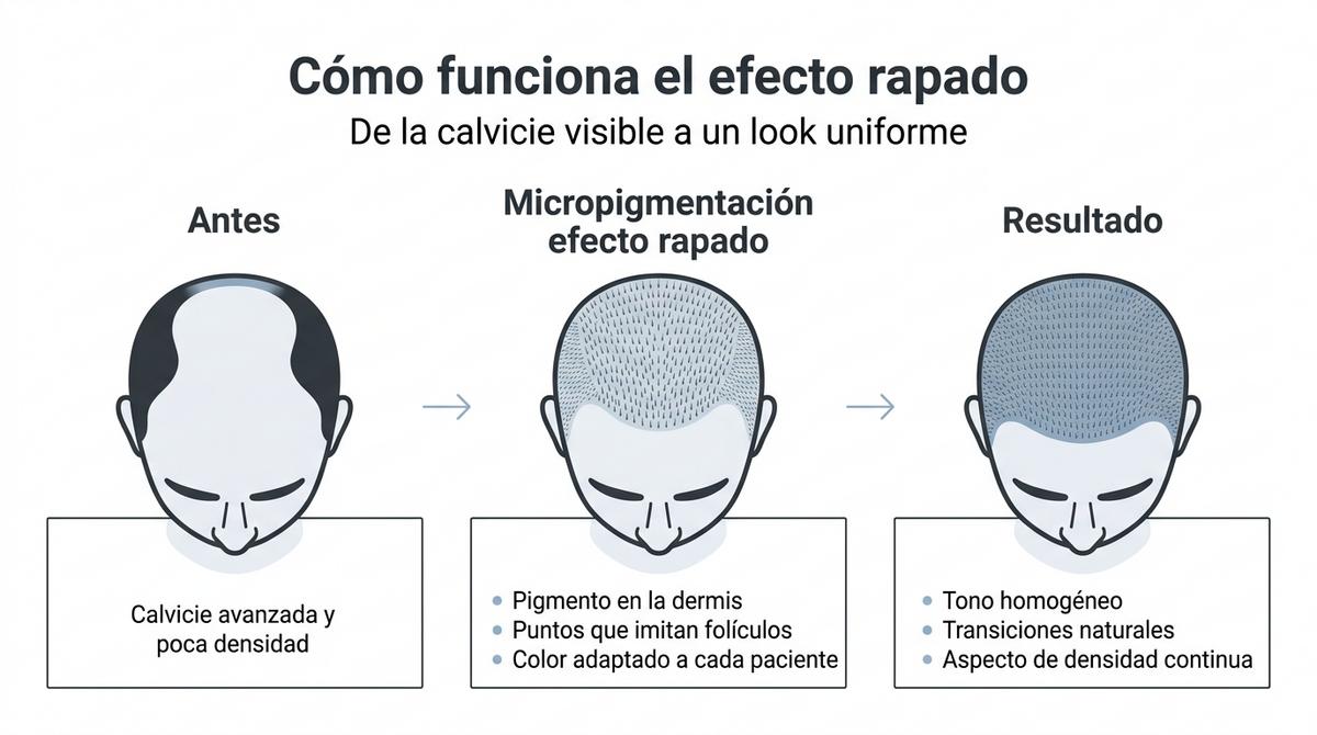 Diagrama del proceso de micropigmentación capilar para crear un efecto rapado uniforme en calvicie avanzada.