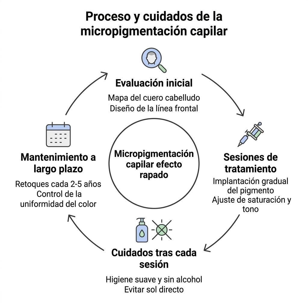 Diagrama del proceso y cuidados de la micropigmentación capilar con efecto rapado.