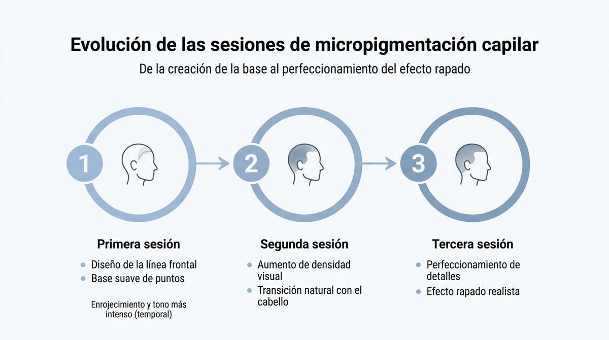 Diagrama en forma de línea de tiempo con las tres sesiones típicas de un tratamiento de micropigmentación capilar y su evolución visual.