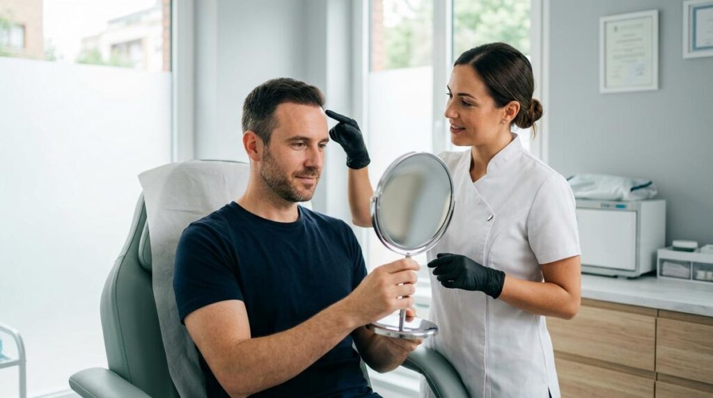 Especialista En Clinica Explicando A Un Paciente El Diseno De La Linea Frontal En Una Sesion De Micropigmentacion Capilar