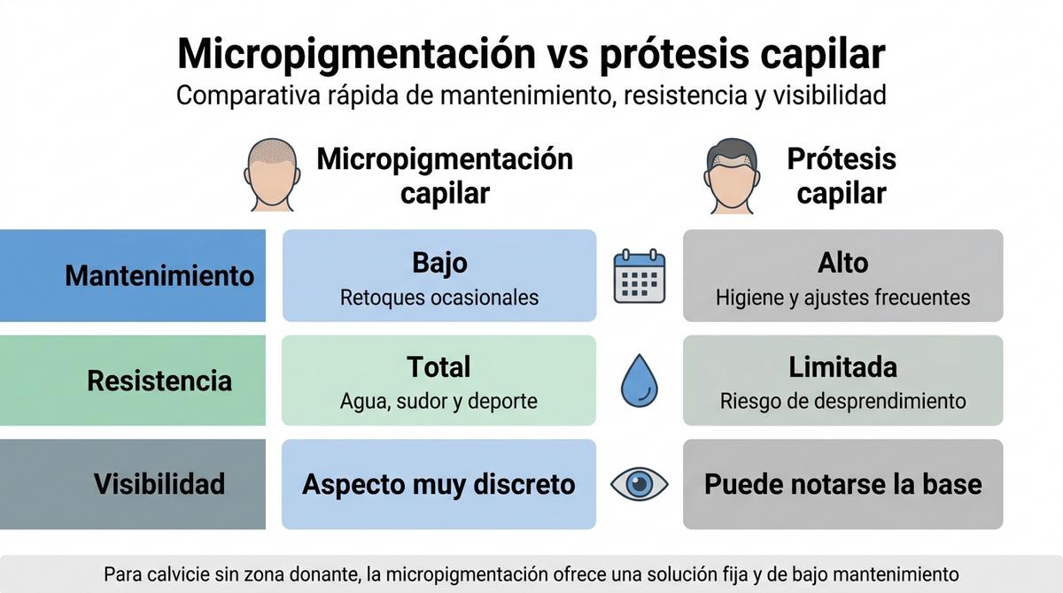 Infografía que compara mantenimiento, resistencia y visibilidad de la micropigmentación capilar frente a la prótesis capilar.