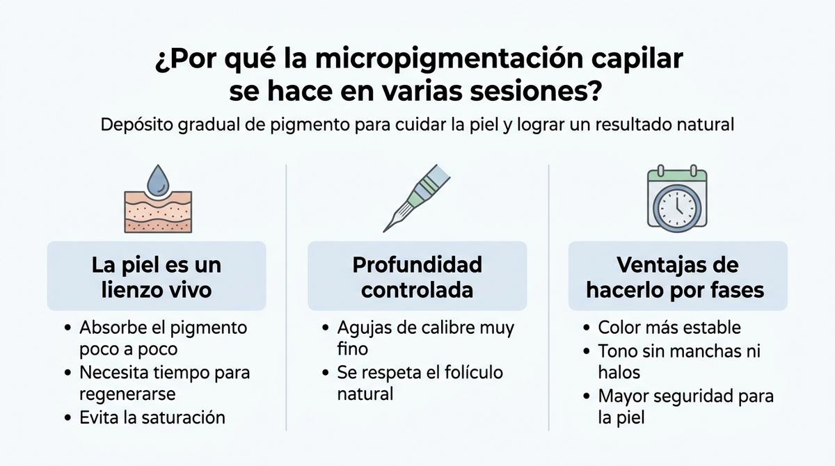 Infografía que resume por qué las sesiones de micropigmentación capilar se realizan de forma progresiva en varias citas.