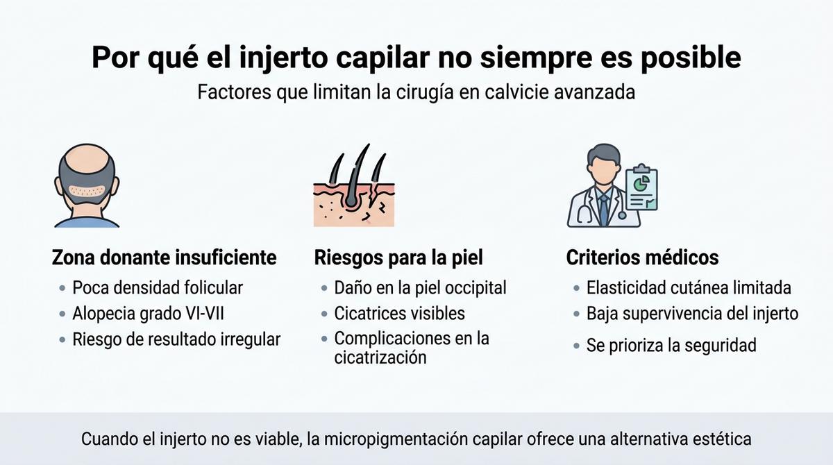 Infografía sobre los factores que limitan la viabilidad del injerto capilar en casos de calvicie avanzada.