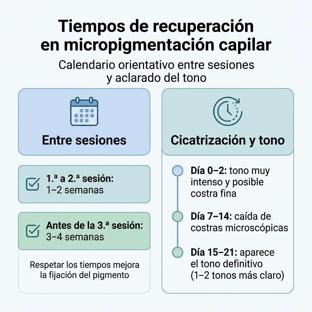 Infografía sobre los tiempos de recuperación y cicatrización entre las sesiones de micropigmentación capilar.