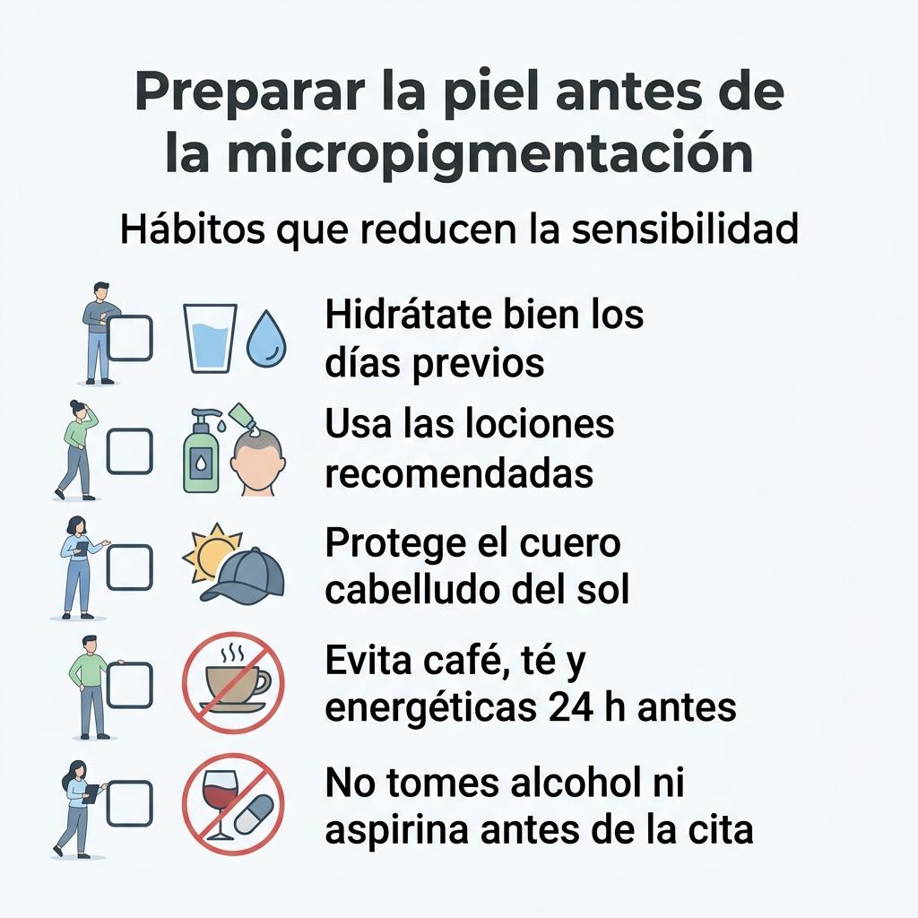 Checklist visual con recomendaciones para preparar la piel antes de una sesión de micropigmentación capilar