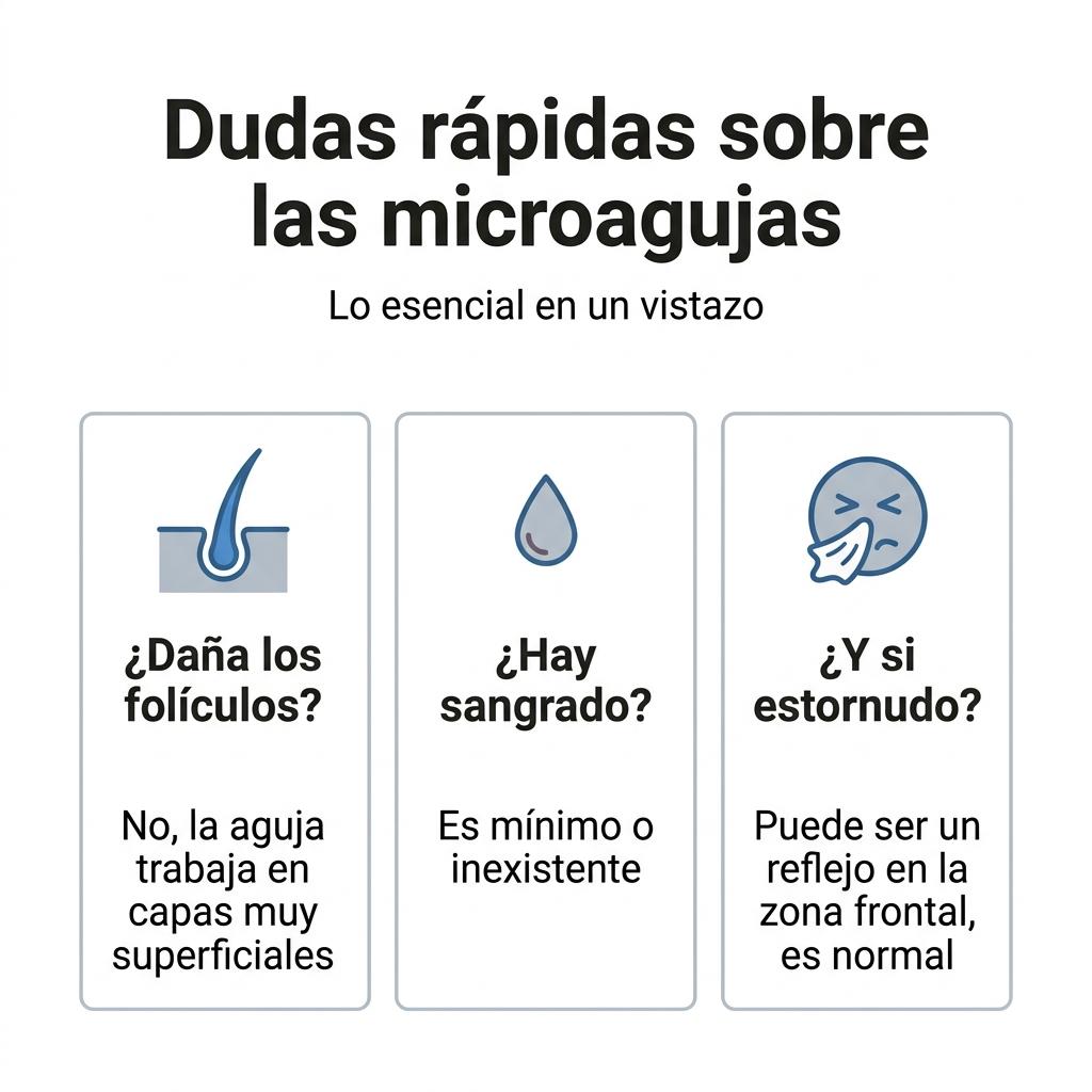 Diagrama con tres dudas frecuentes sobre daño, sangrado y estornudos en la micropigmentación capilar