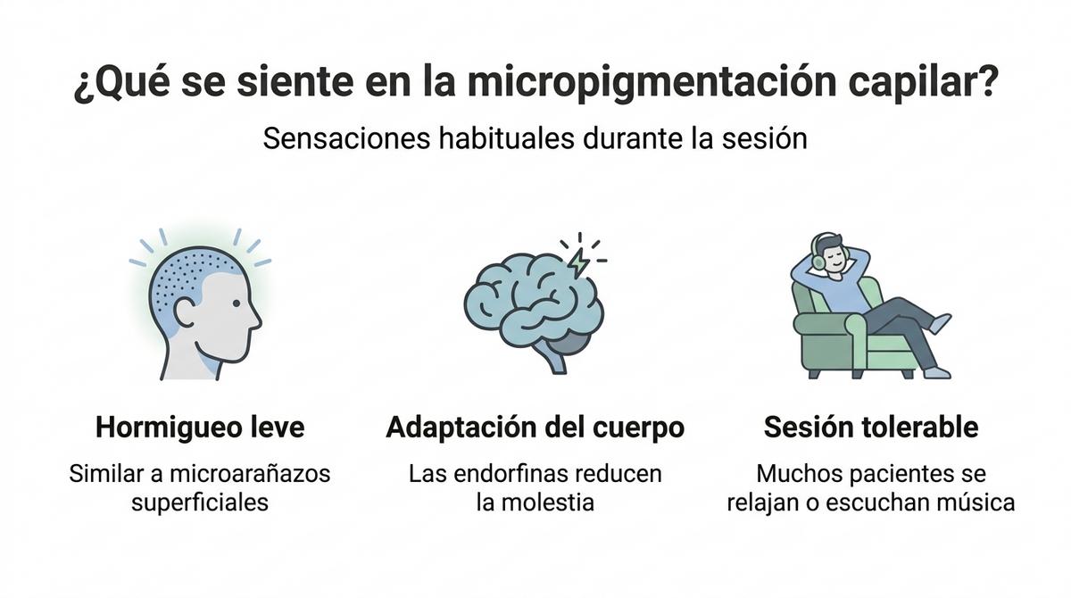 Diagrama que resume las sensaciones habituales durante una sesión de micropigmentación capilar