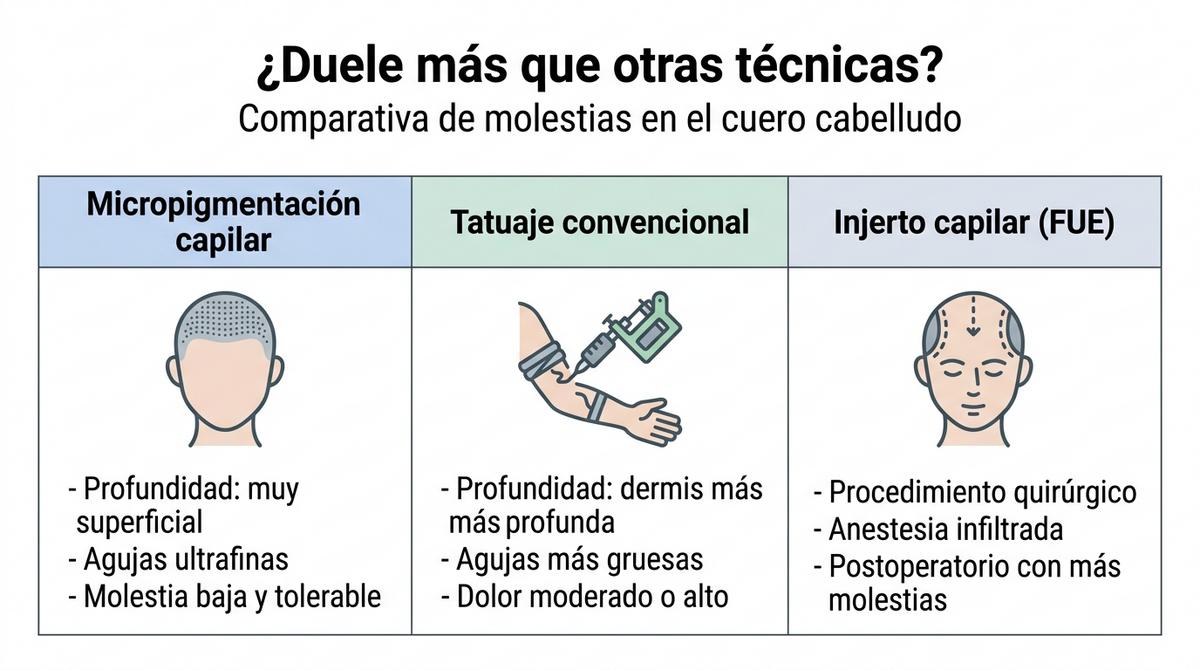Infografía que compara las molestias de la micropigmentación capilar con un tatuaje convencional y un injerto capilar