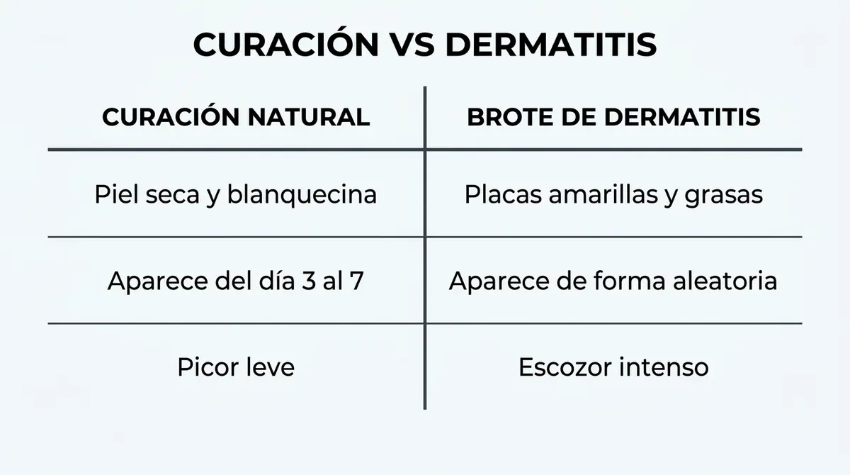 Tabla comparativa que diferencia el proceso de curación natural de la micropigmentación frente a un brote de dermatitis seborreica.