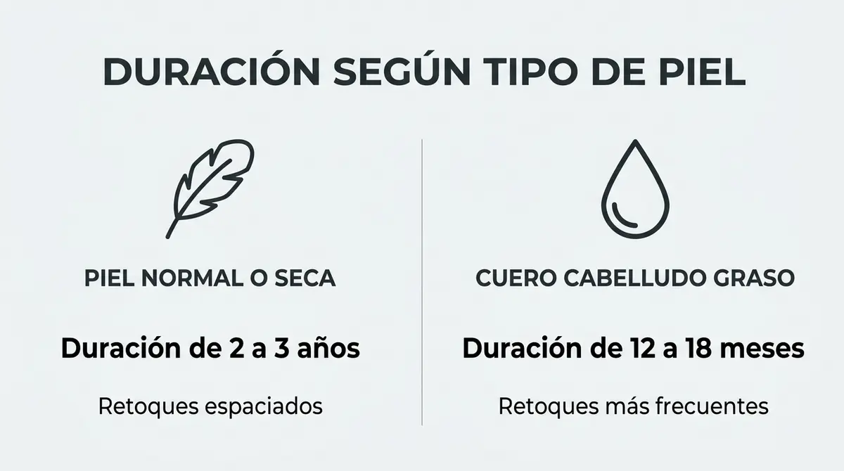 Infografía comparativa sobre la duración de la micropigmentación capilar según el tipo de piel normal o grasa.