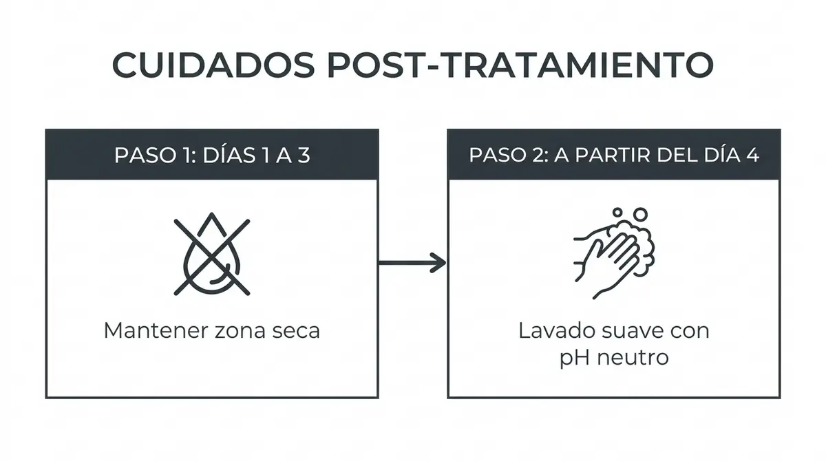 Diagrama paso a paso con los cuidados posteriores e higiene tras una micropigmentación capilar.