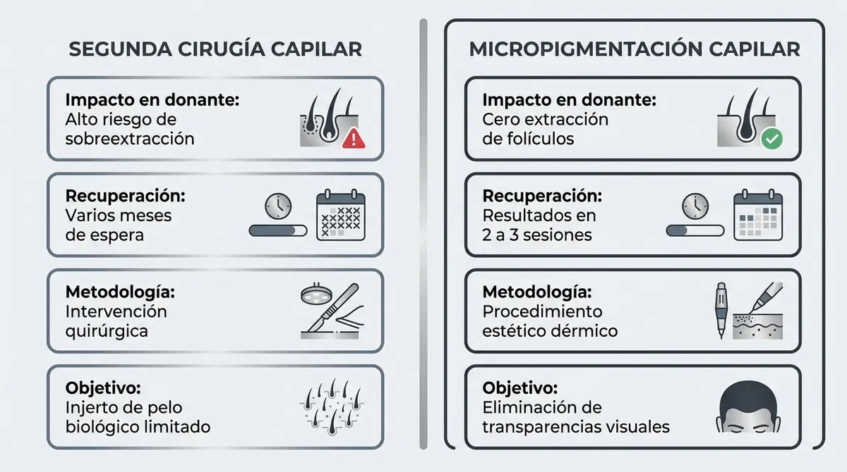 Tabla visual comparativa entre una segunda cirugía de injerto capilar y la micropigmentación para densidad